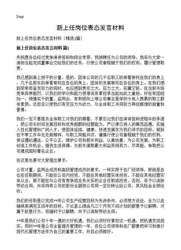 新上任岗位表态发言材料3篇