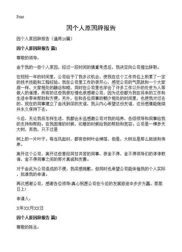 因个人原因辞报告20篇