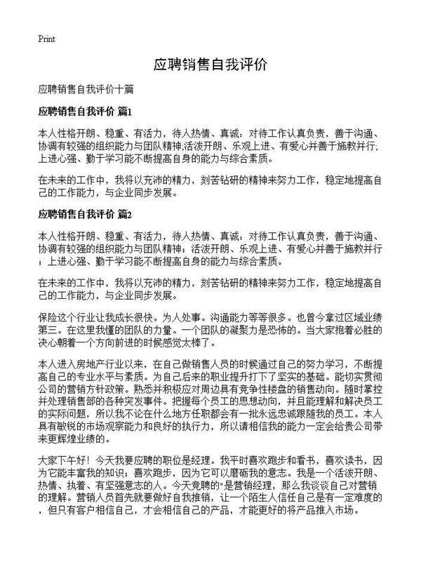 应聘销售自我评价