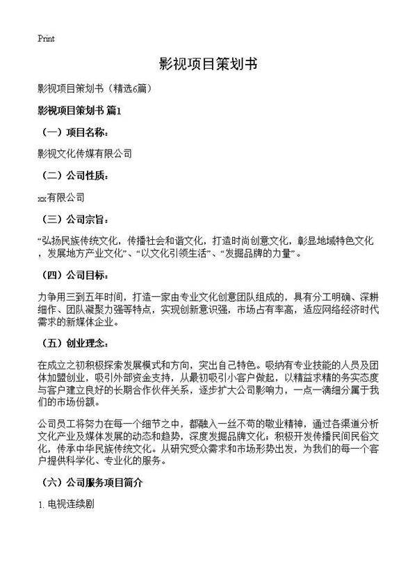 影视项目策划书6篇