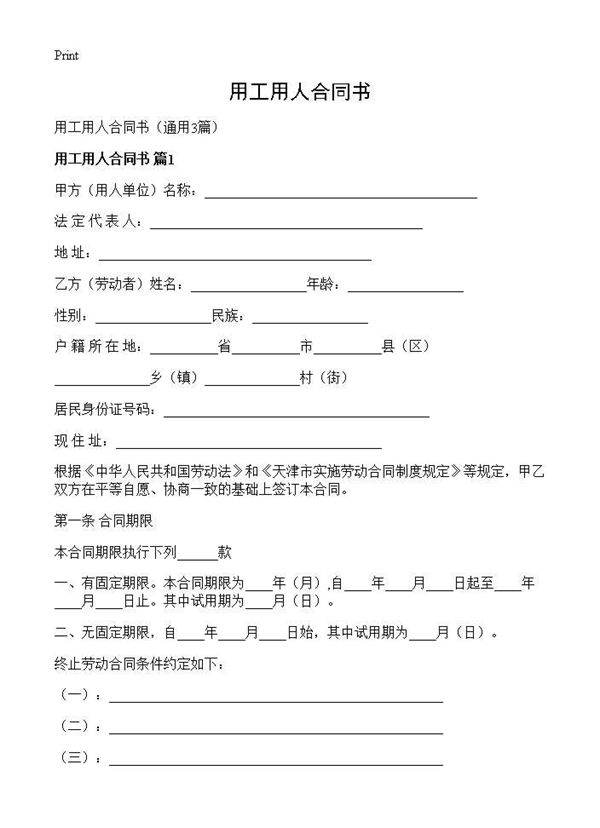 用工用人合同书3篇