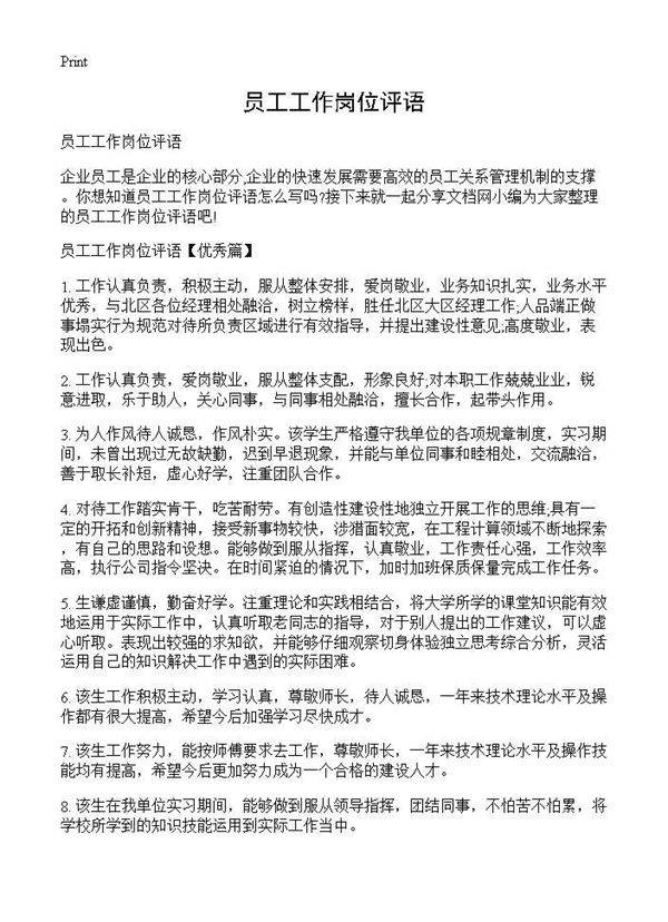 员工工作岗位评语