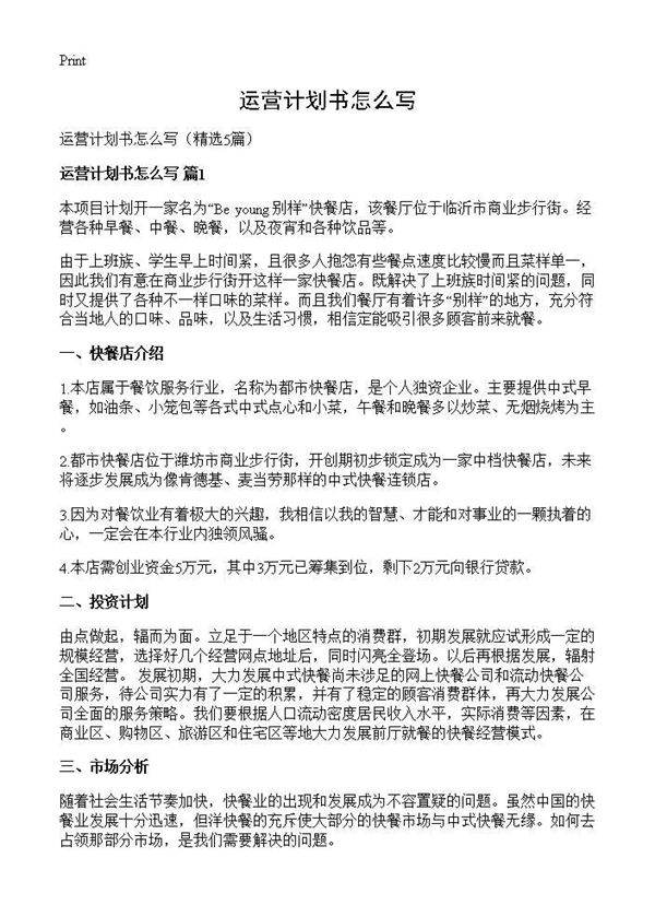 运营计划书怎么写5篇