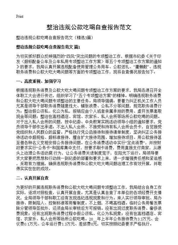 整治违规公款吃喝自查报告范文3篇