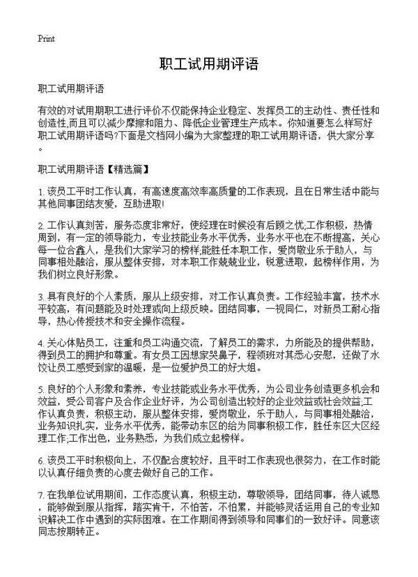 职工试用期评语
