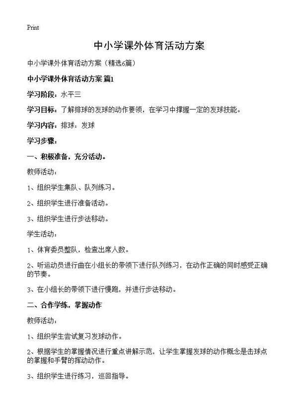 中小学课外体育活动方案6篇