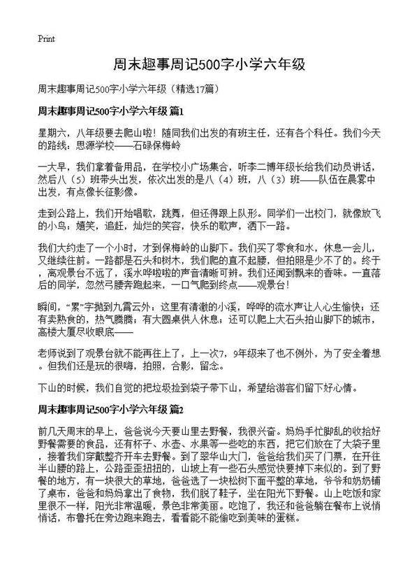 周末趣事周记500字小学六年级17篇