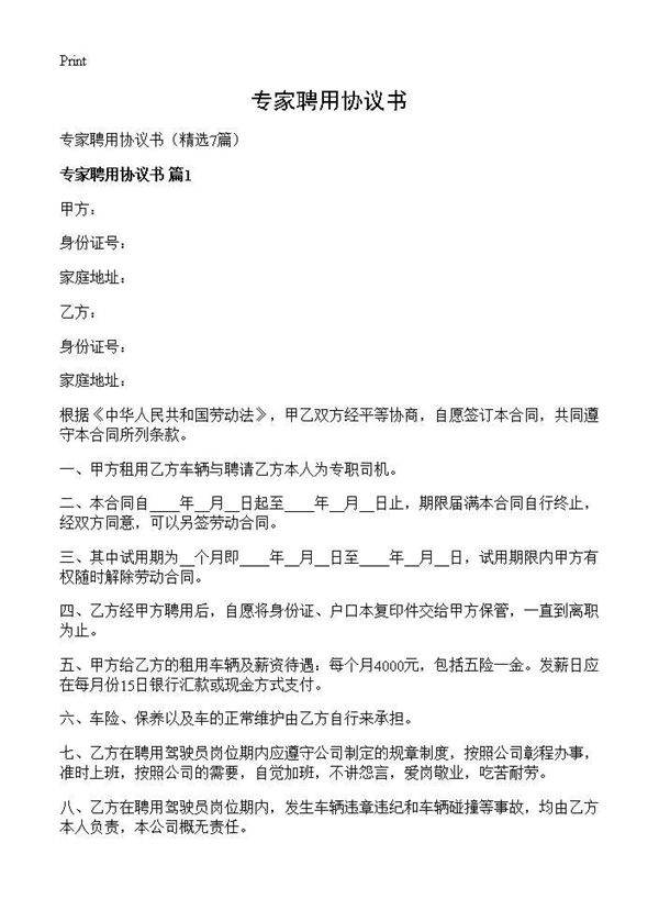 专家聘用协议书7篇