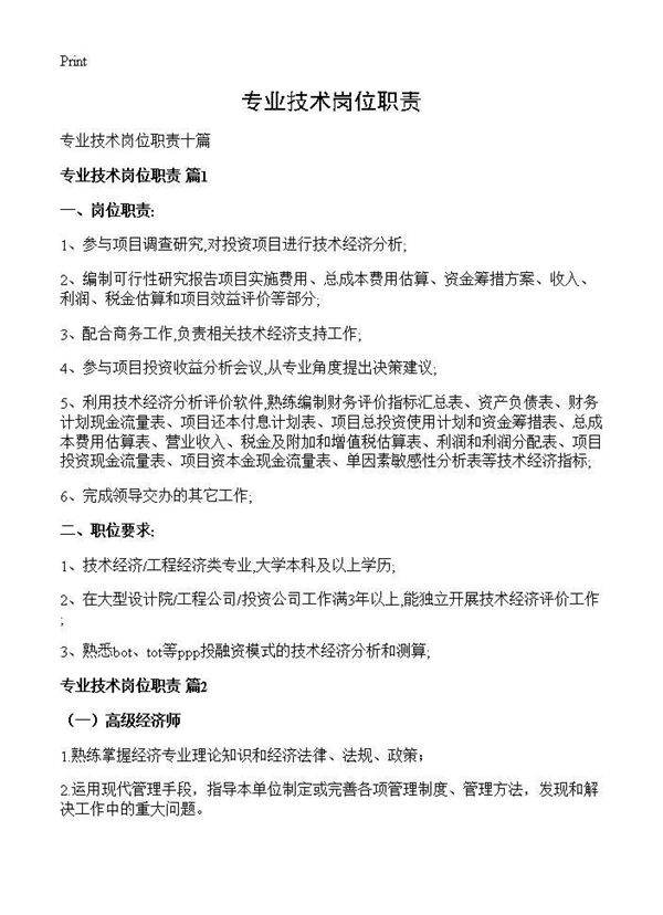 专业技术岗位职责