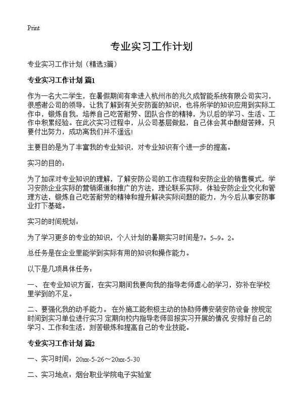 专业实习工作计划3篇