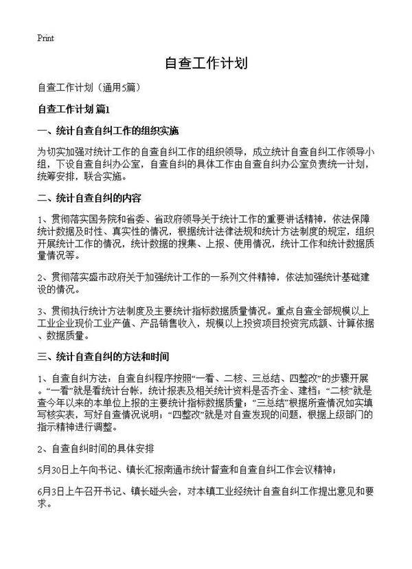 自查工作计划5篇