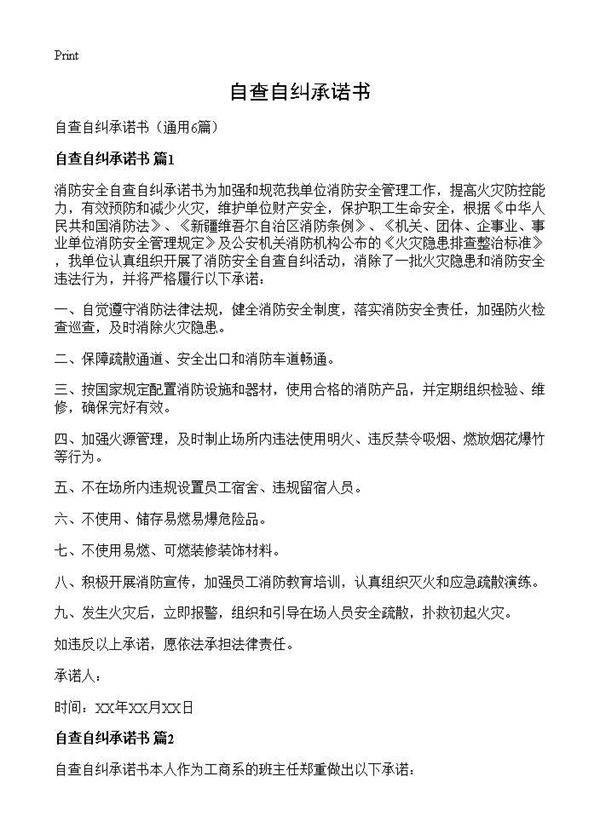 自查自纠承诺书6篇
