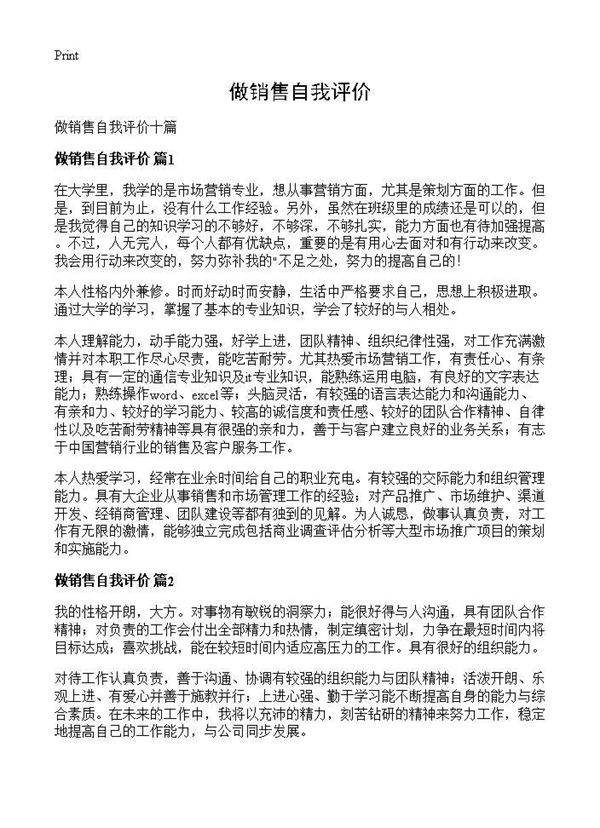 做销售自我评价