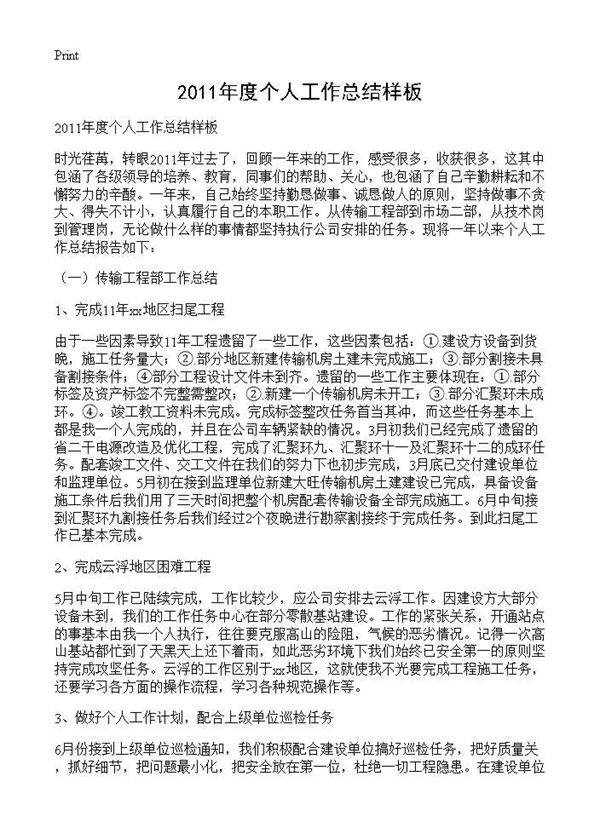 2011年度个人工作总结样板