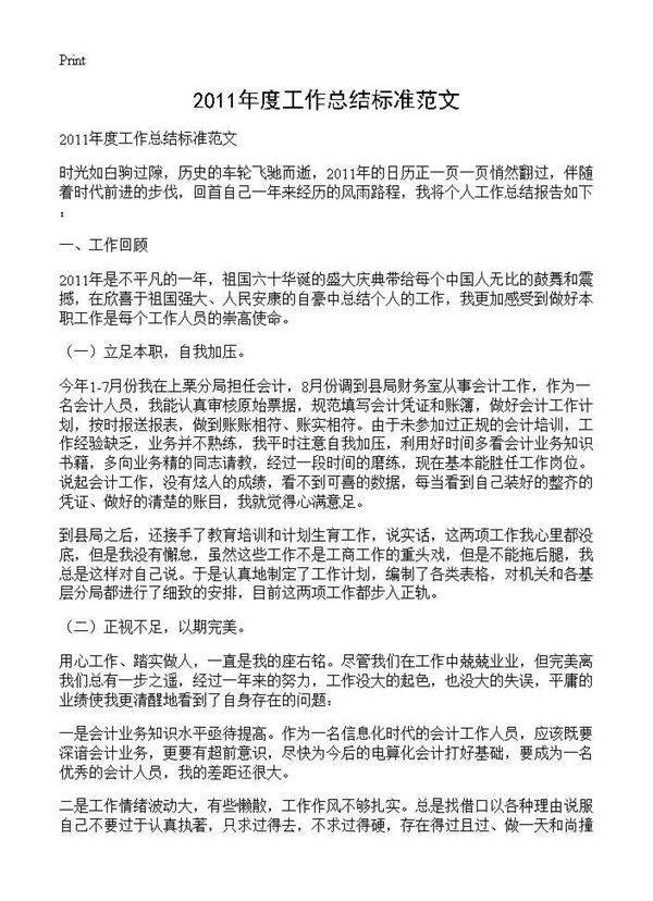 2011年度工作总结标准范文