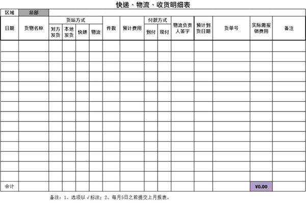 《快递 物流 收货明细表》表格模板
