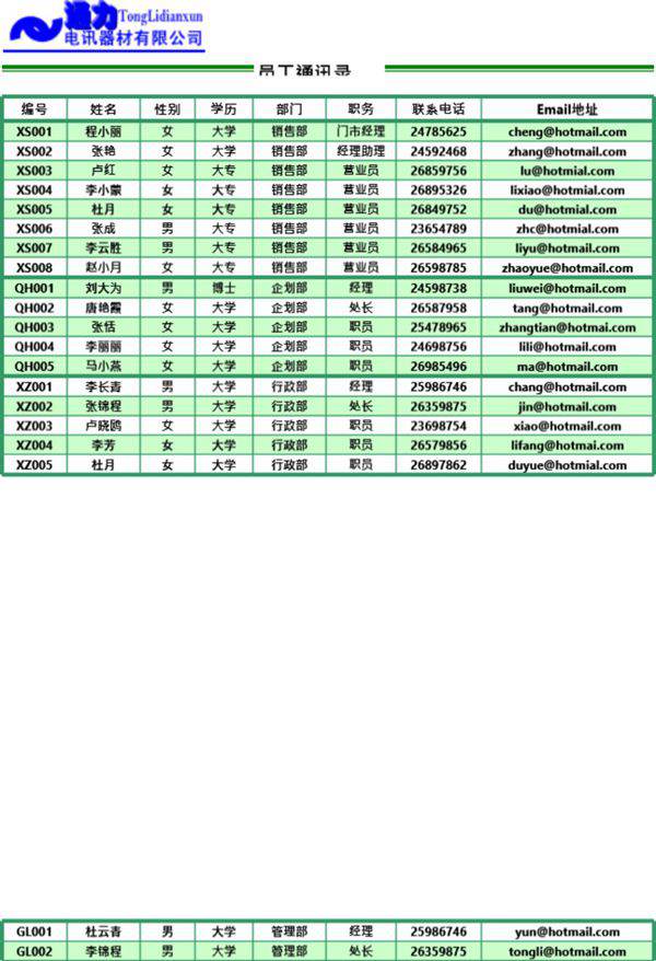 制作员工通讯录模板