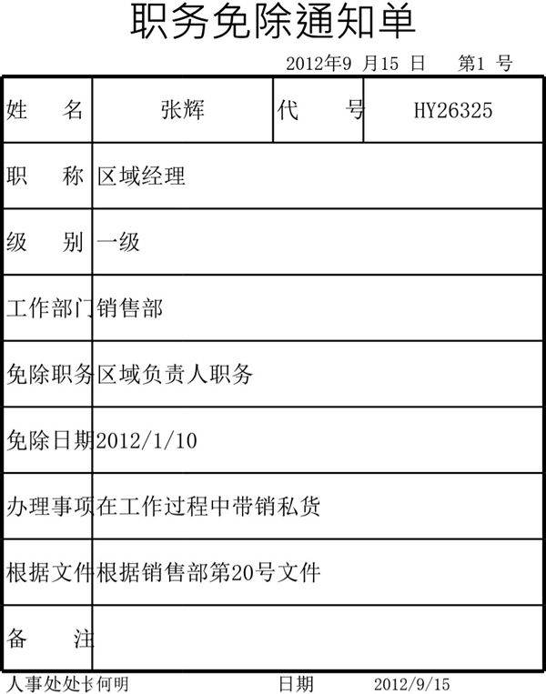 职务免除通知单