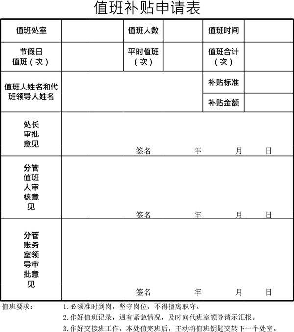 值班补贴申请表