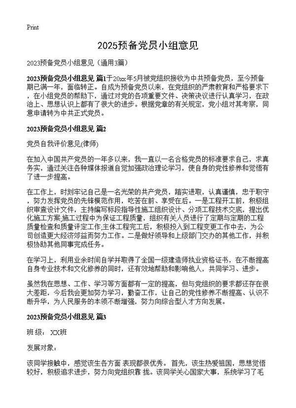2025预备党员小组意见3篇