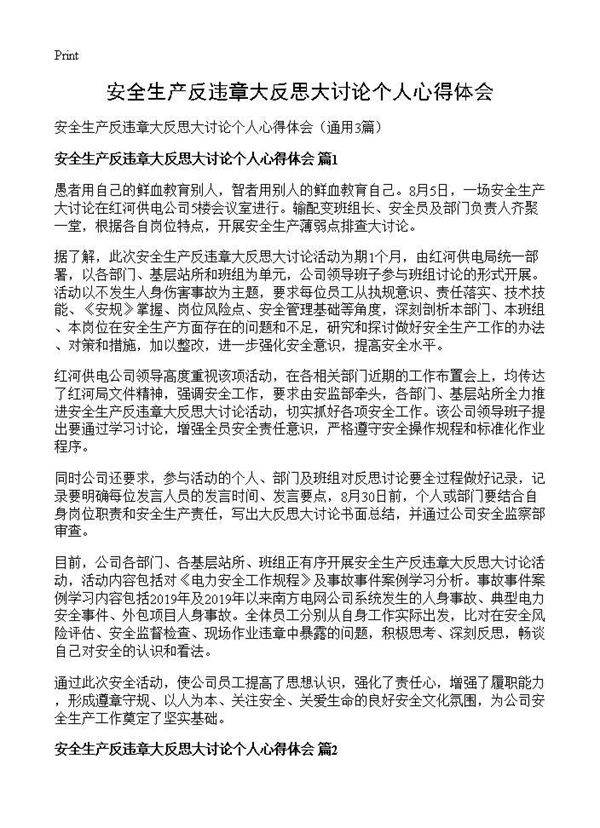 安全生产反违章大反思大讨论个人心得体会3篇