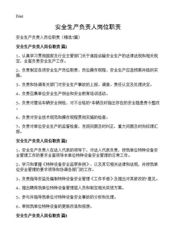 安全生产负责人岗位职责7篇