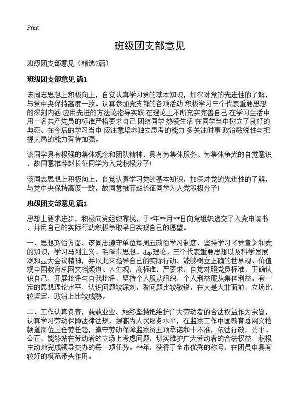 班级团支部意见7篇
