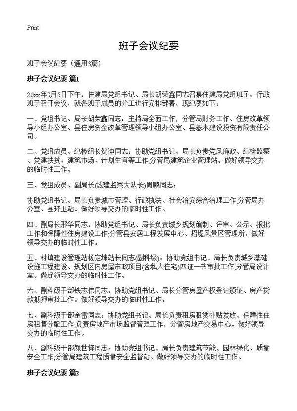 班子会议纪要3篇