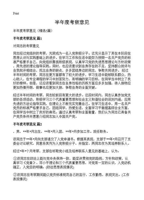 半年度考察意见5篇