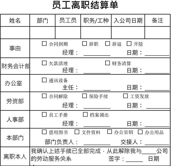 员工离职结算表