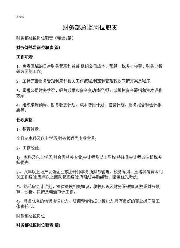 财务部总监岗位职责9篇