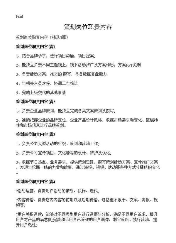策划岗位职责内容5篇