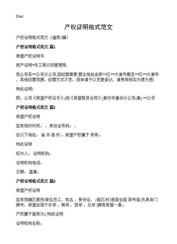 产权证明格式范文3篇