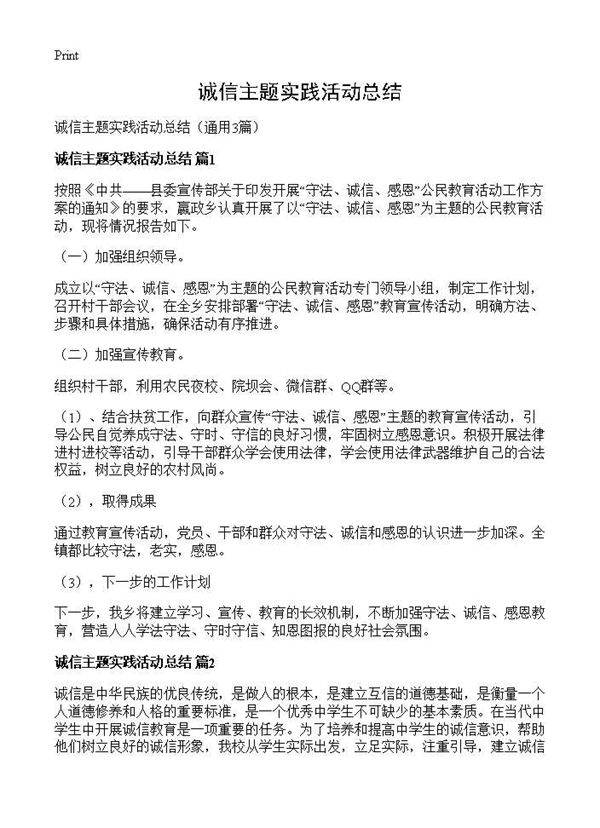 诚信主题实践活动总结3篇