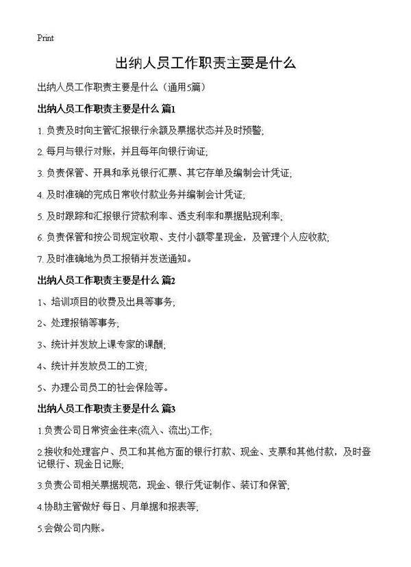 出纳人员工作职责主要是什么5篇