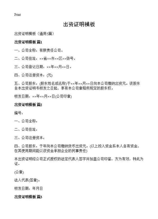 出资证明模板5篇