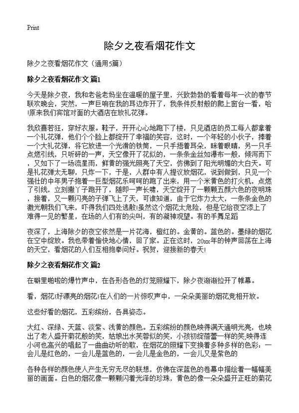 除夕之夜看烟花作文5篇