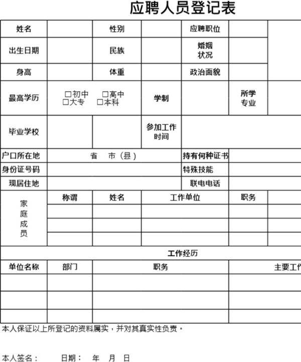 应聘人员登记表