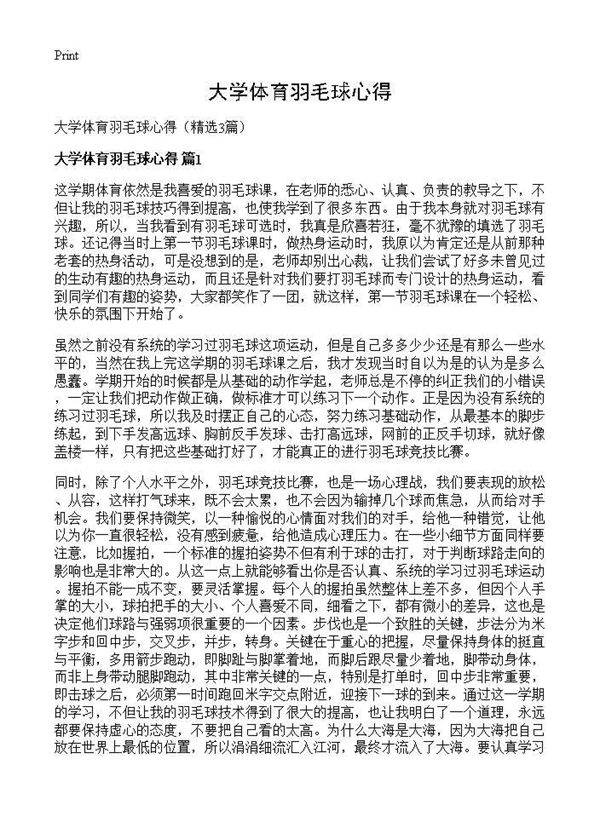 大学体育羽毛球心得3篇