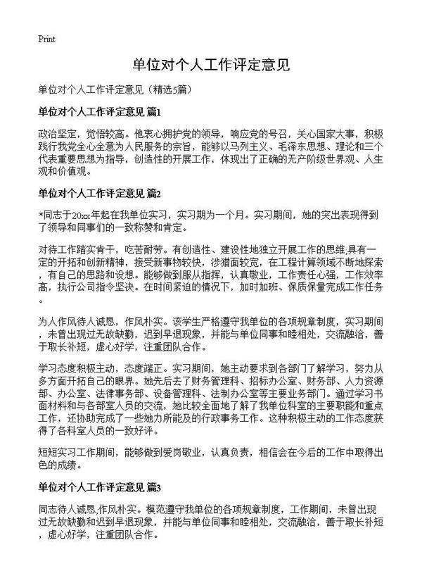 单位对个人工作评定意见5篇