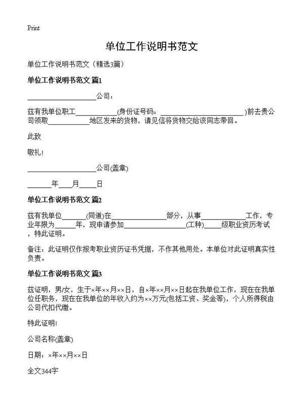 单位工作说明书范文3篇