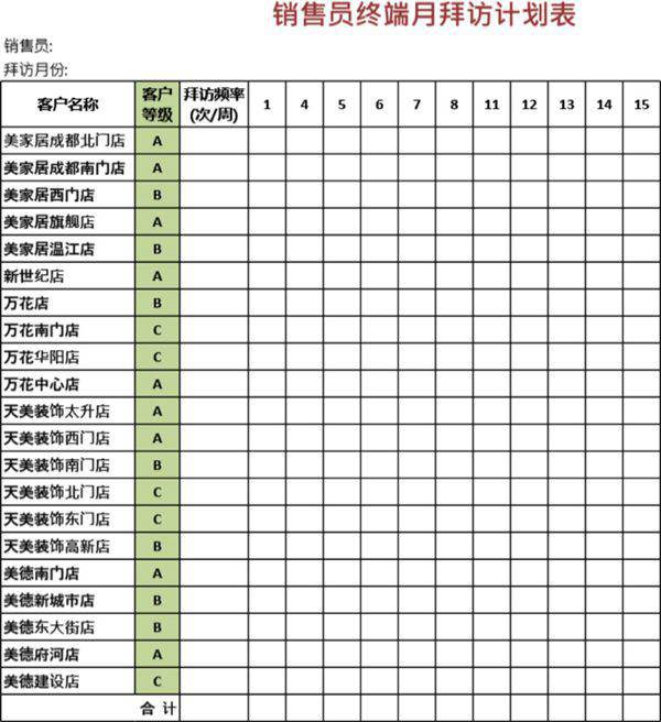 销售员终端月拜访计划表