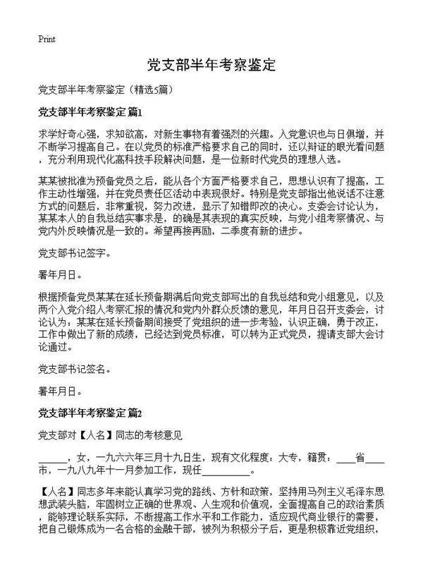 党支部半年考察鉴定5篇
