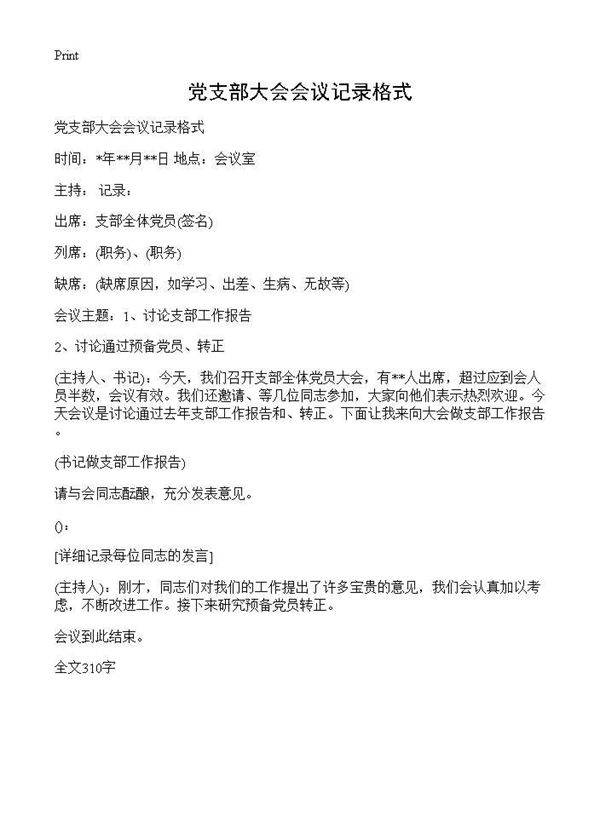 党支部大会会议记录格式