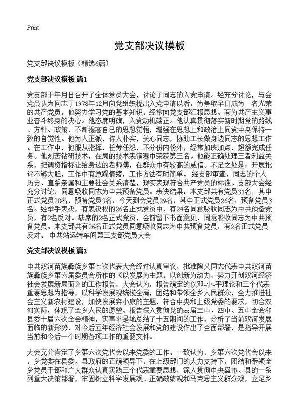 党支部决议模板6篇