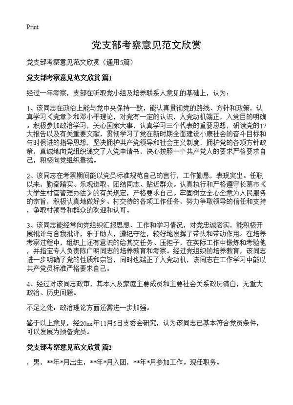 党支部考察意见范文欣赏5篇