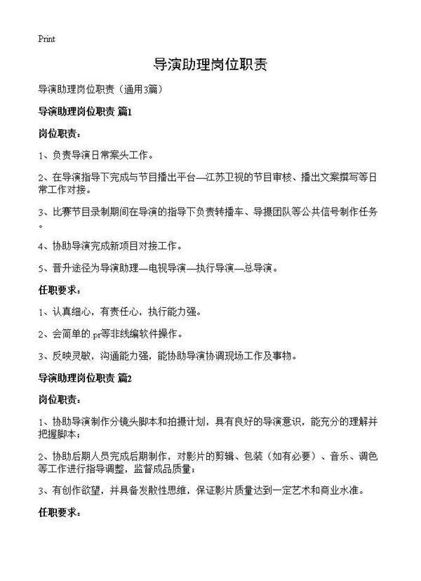 导演助理岗位职责3篇