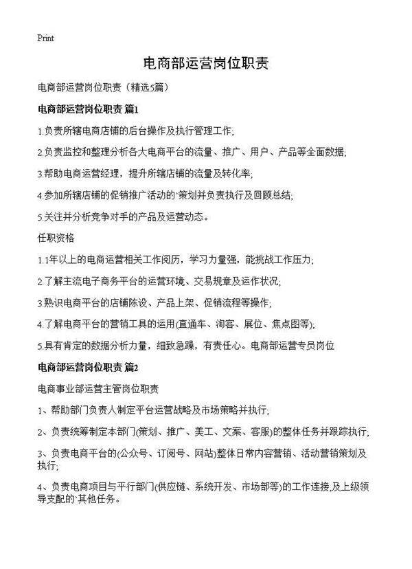 电商部运营岗位职责5篇