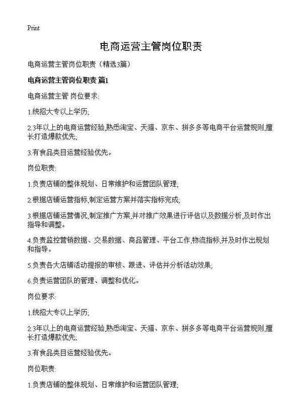 电商运营主管岗位职责3篇