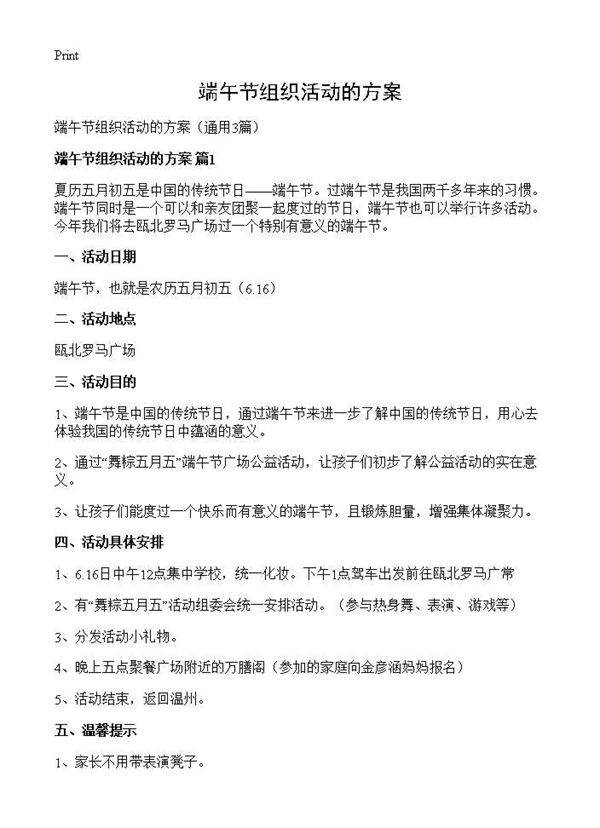 端午节组织活动的方案3篇